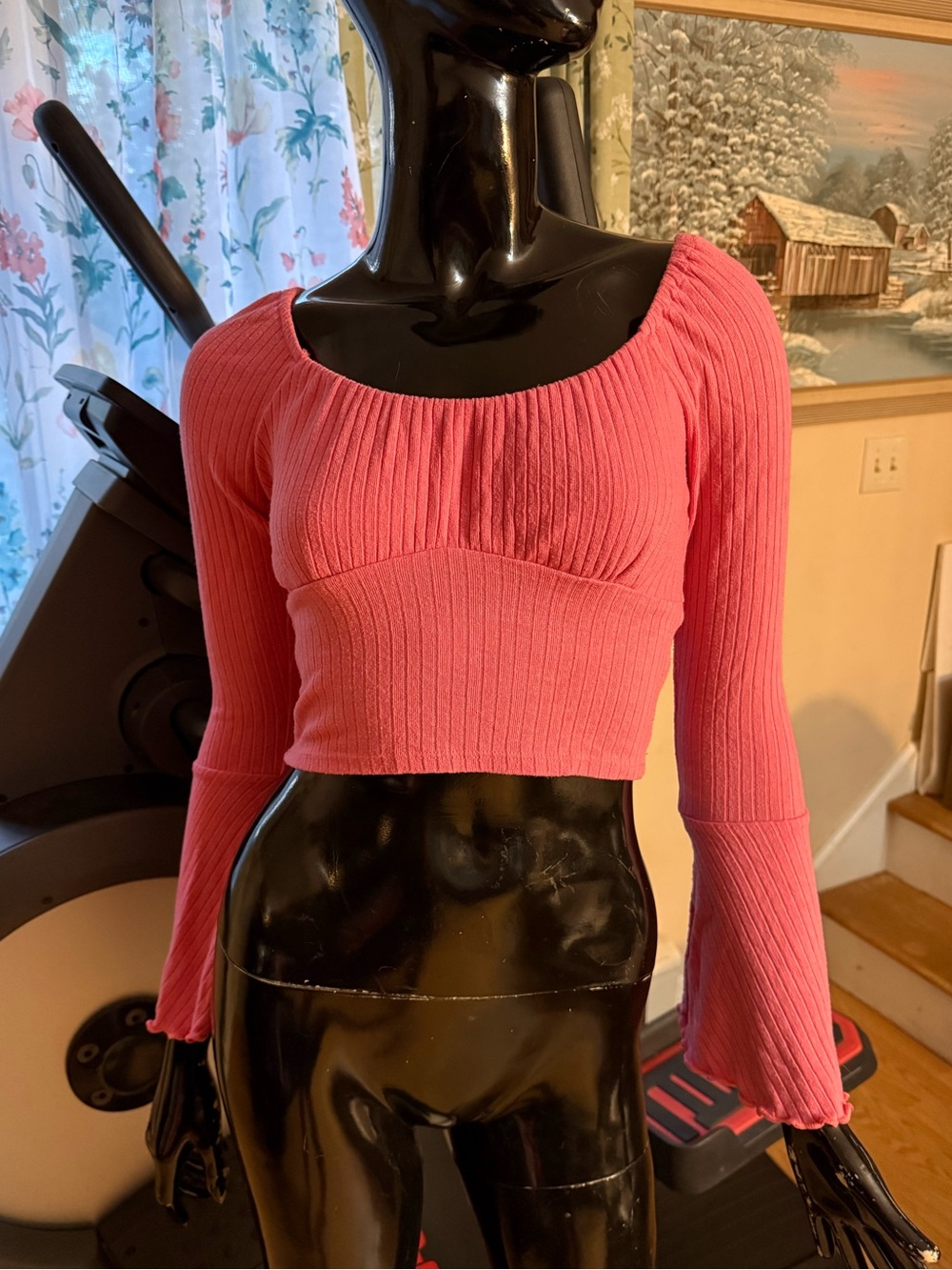 Altar'd State Pink Ribbed Long-Sleeve Crop Top